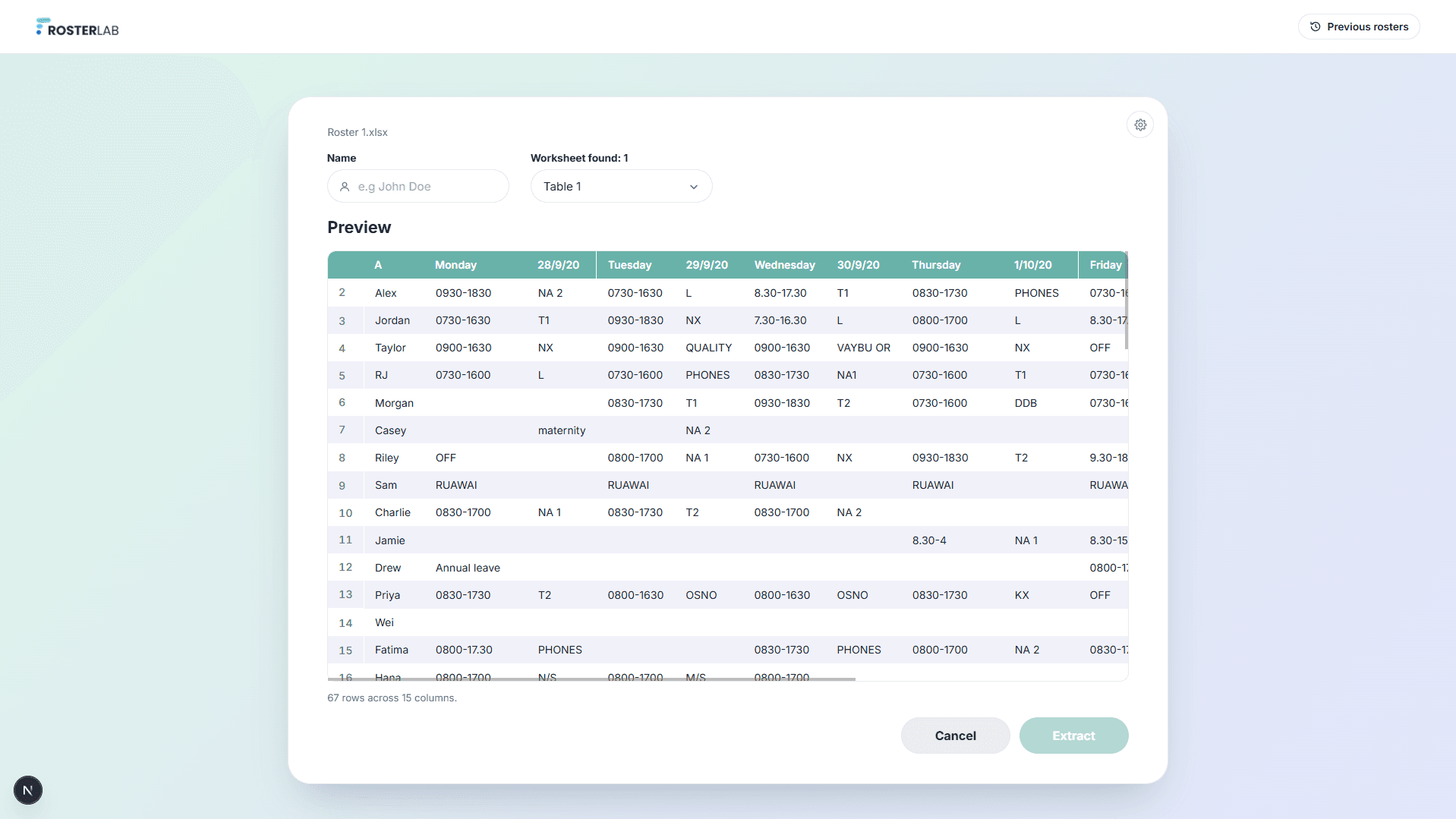 Roster Lab Roster Extractor project view 2